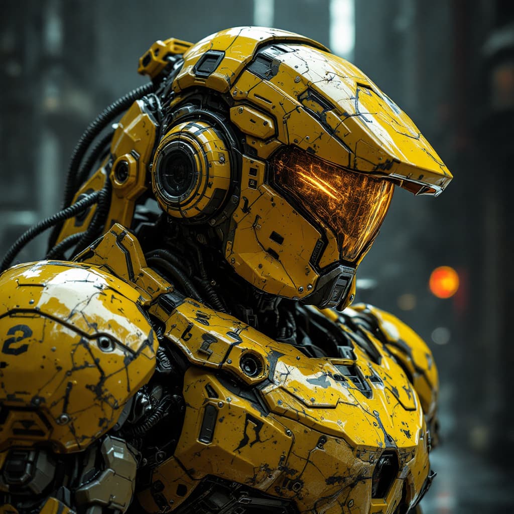 AI generated: Ultra realistic urban mecha, damaged metallic yellow armor, futuristic cyberpunk style and dark dyst...
