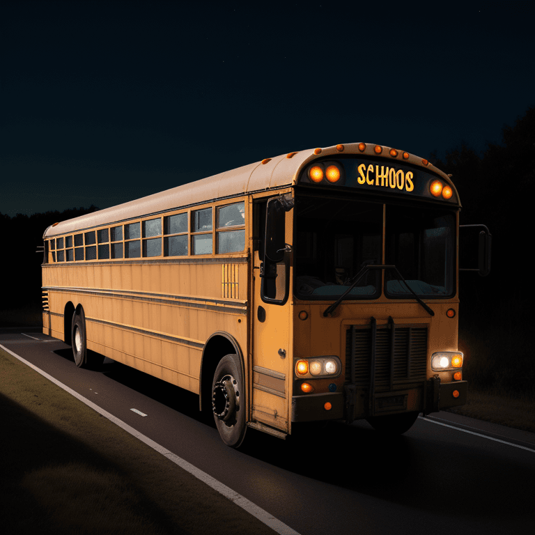 AI generated: mid-shot of a school bus angled from the sides in the middle of the night, mysterious setting