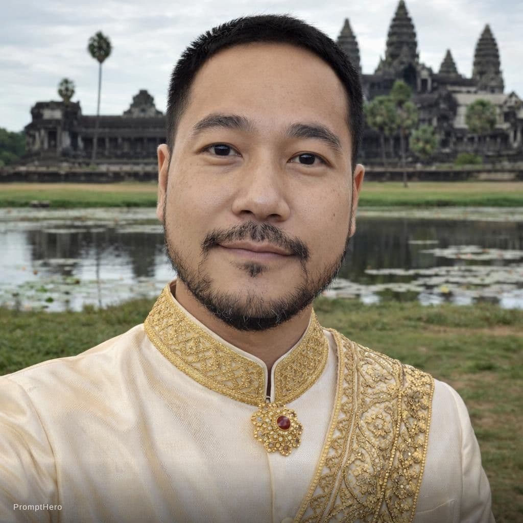 AI generated: Make my hair become shorter 
Wearing KHMER MEN TRADITIONAL CLOTHING 
Keep original face and features...