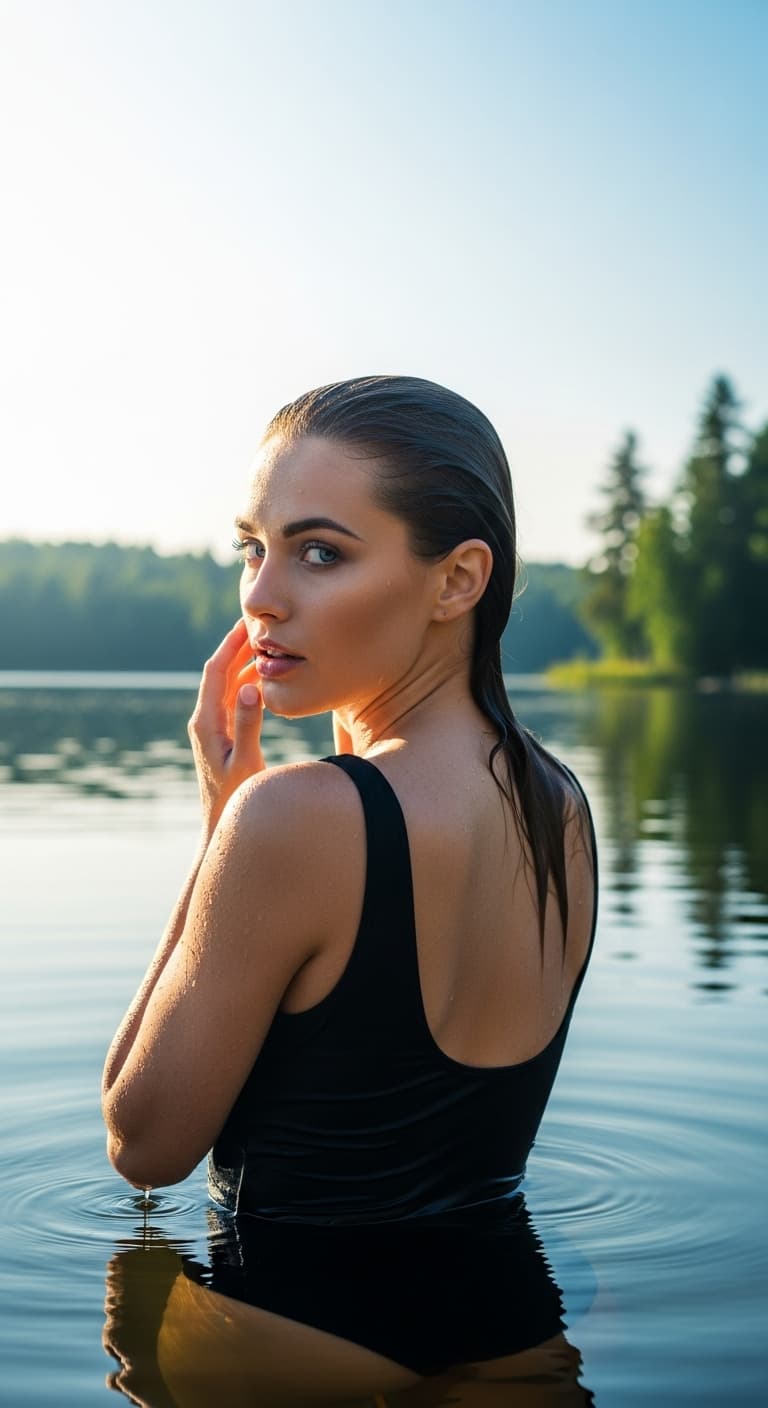 AI generated: The uploaded woman stands in a serene lake, her back to the viewer, looking over her shoulder with l...