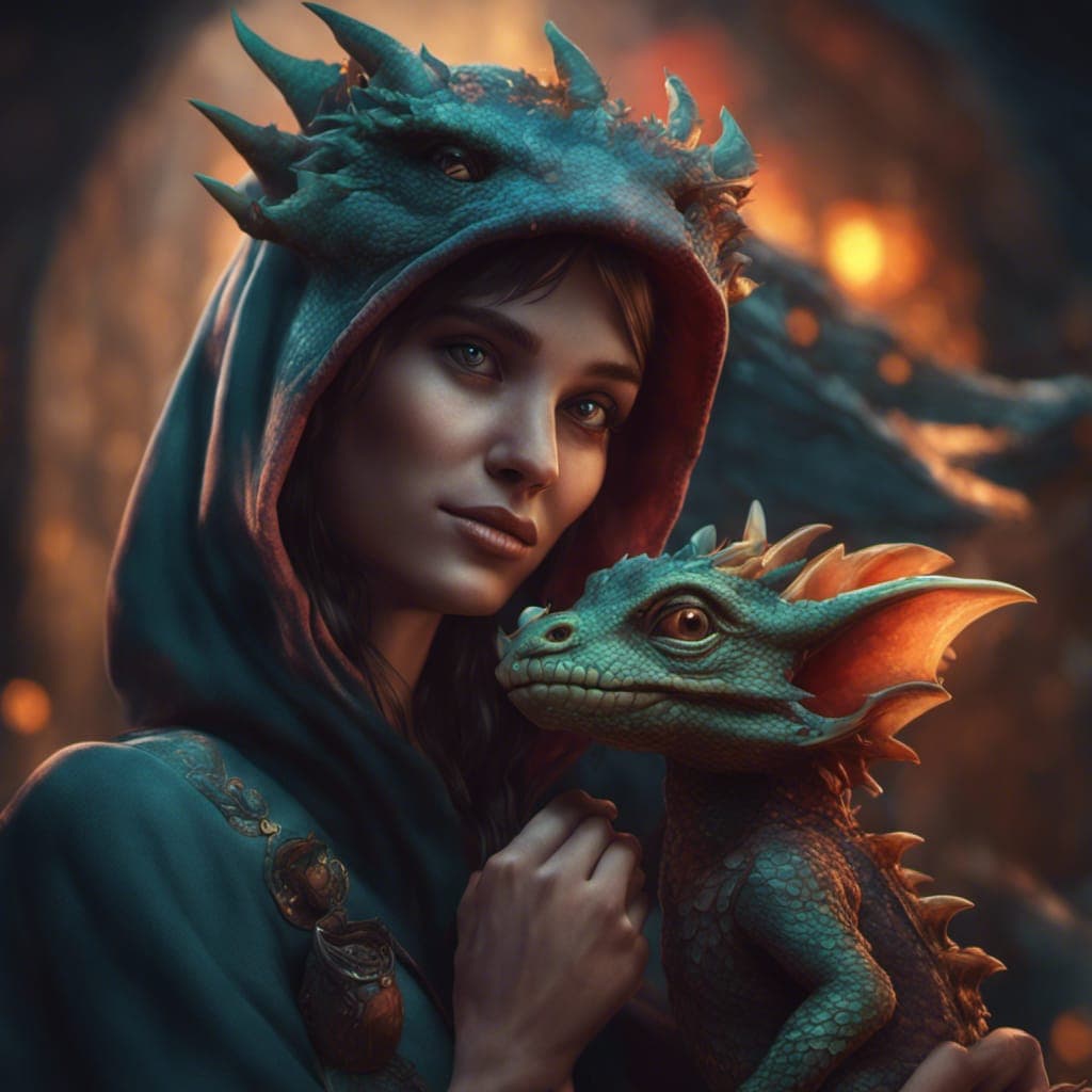AI generated: A beautiful hooded woman cuddles her baby dragon all are happy surrounded by beauty, accurately deta...