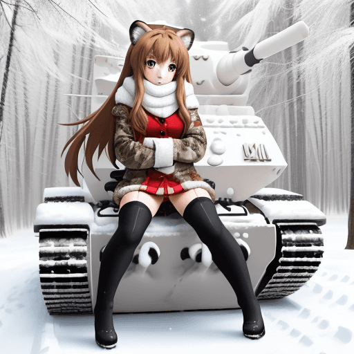 AI generated: taiga aisaka, anime, sit on snowy camouflage riding tank and hug herself, winter red school uniform,...