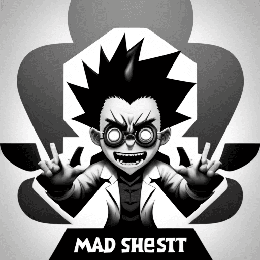 AI generated: Mad scientist logo, 2D, black over white, symbol