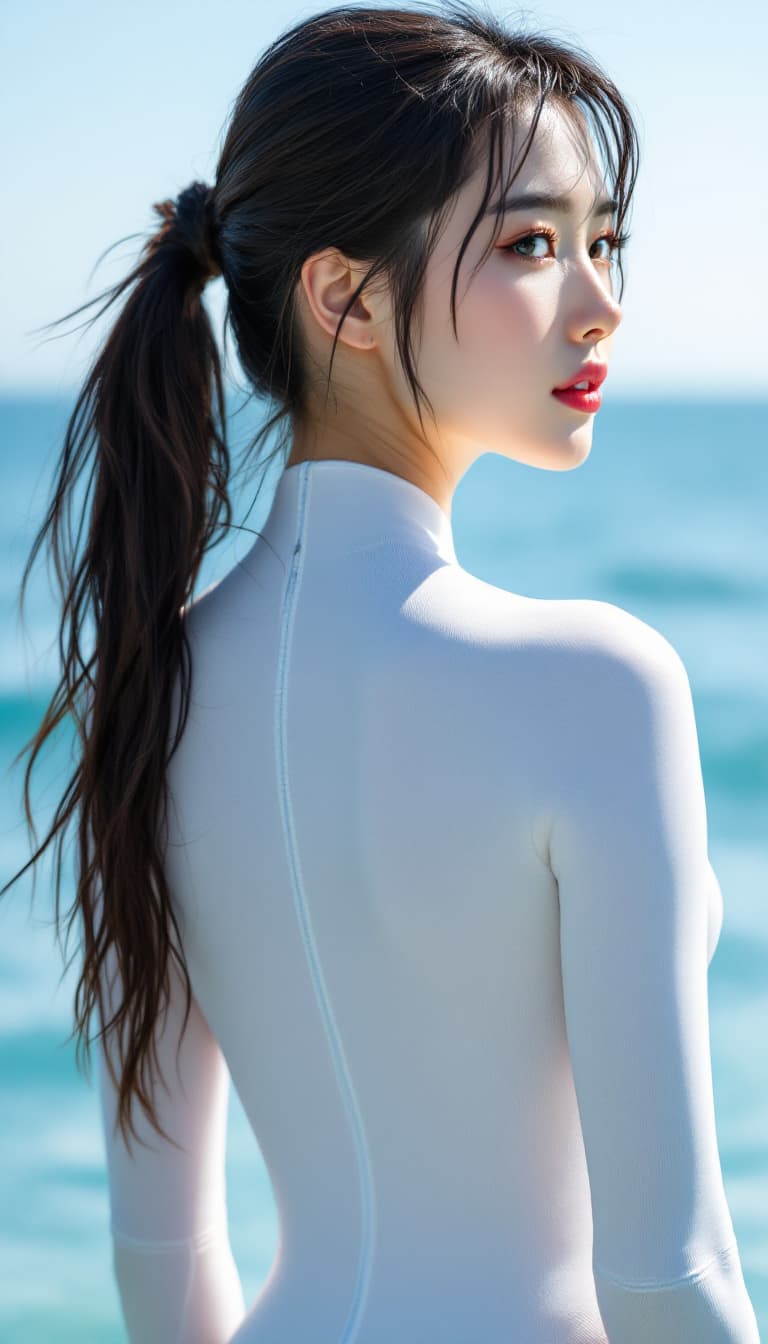 AI generated: High resolution image. A Korean woman in a white freediving suit that completely covers her body. He...