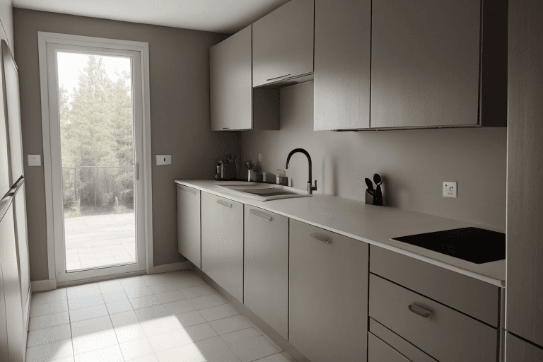 AI generated: kitchen with front perspective looking towards a sink under a window, with a door on the left of the...