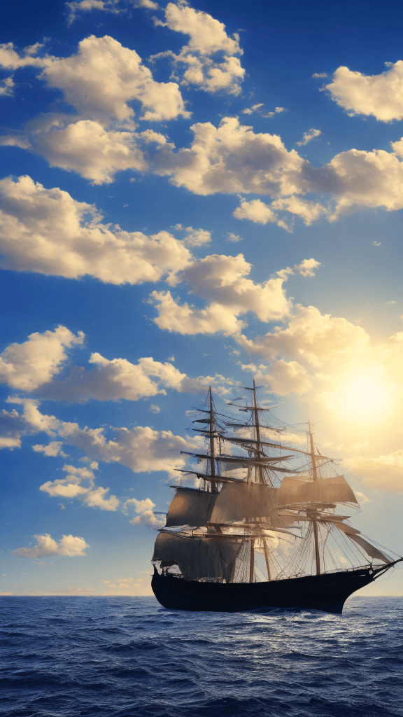 AI generated: ship, sea, blue sky, clouds, sun