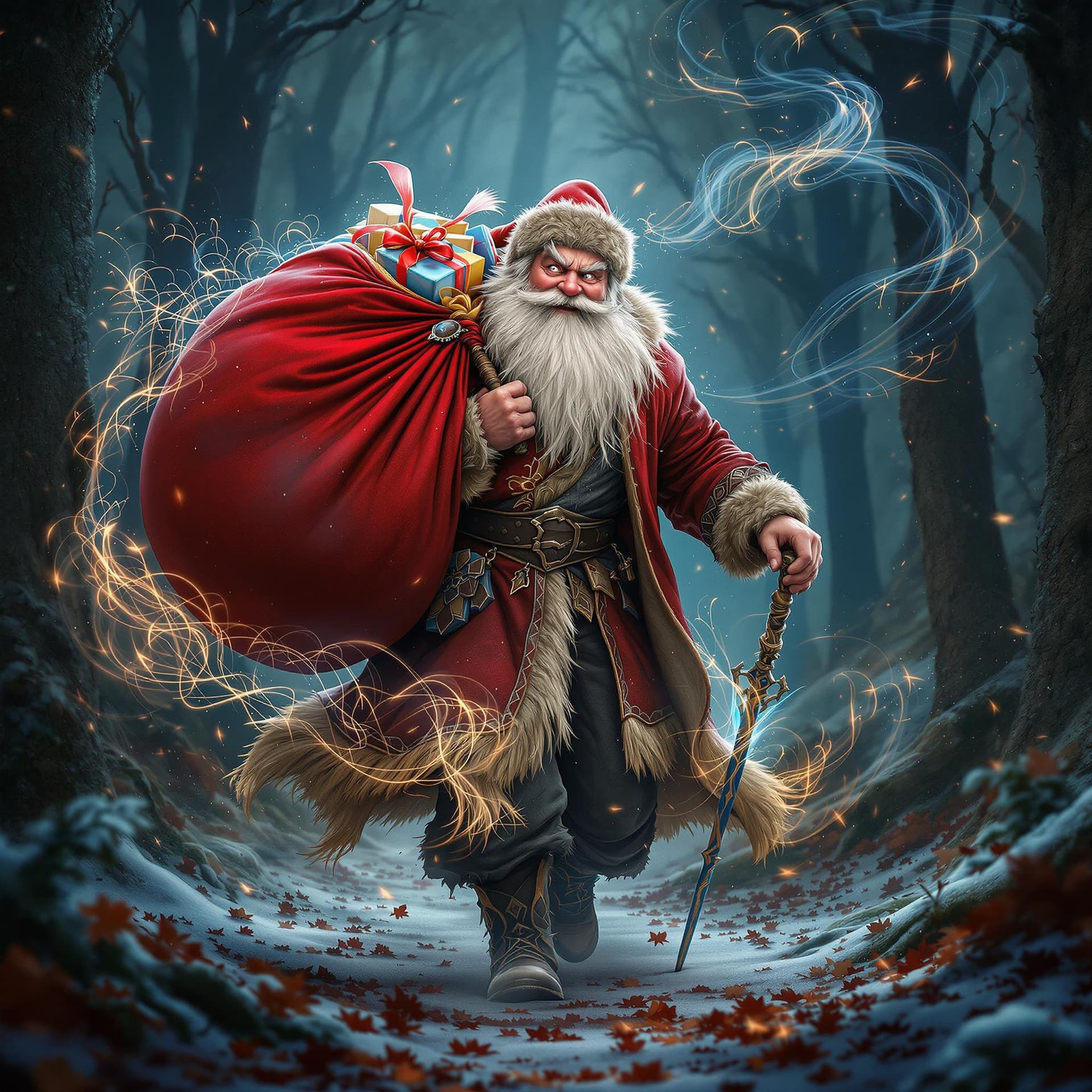 AI generated: movie poster, pleased kind russian uncle frost wearing red rocker clothes is depicted in an action p...