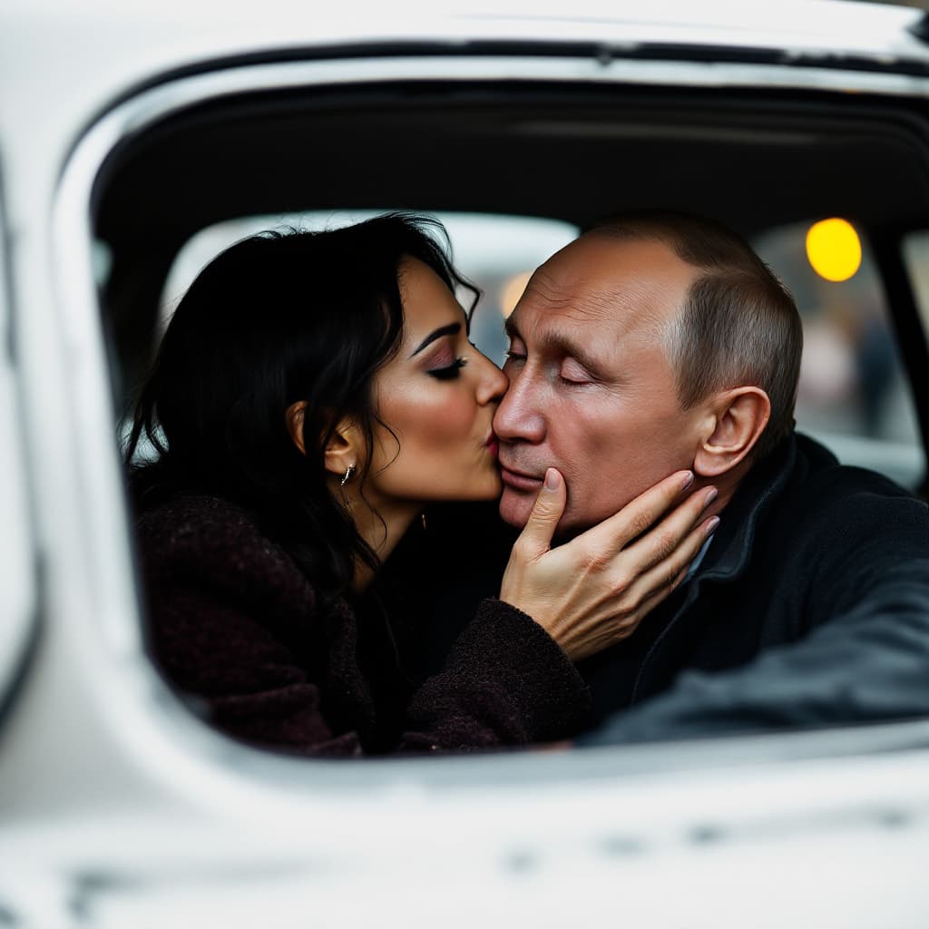 AI generated: Monica Bellucci 50 years old kissing a Vladimir Putin in cheek on parking, pov: face to camera. Port...