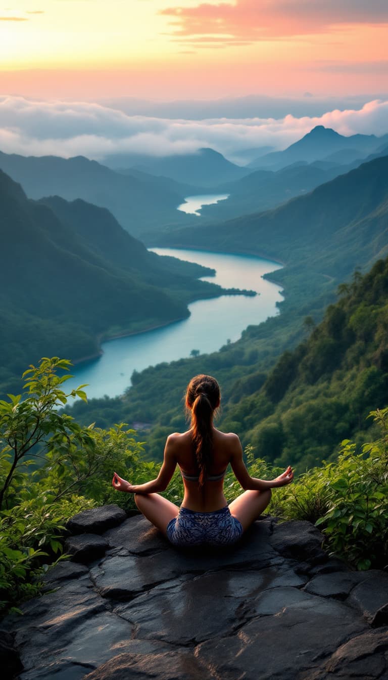 AI generated: An awe-inspiring scene of a Bali mountain view, with a vibrant sea stretching out in the distance un...
