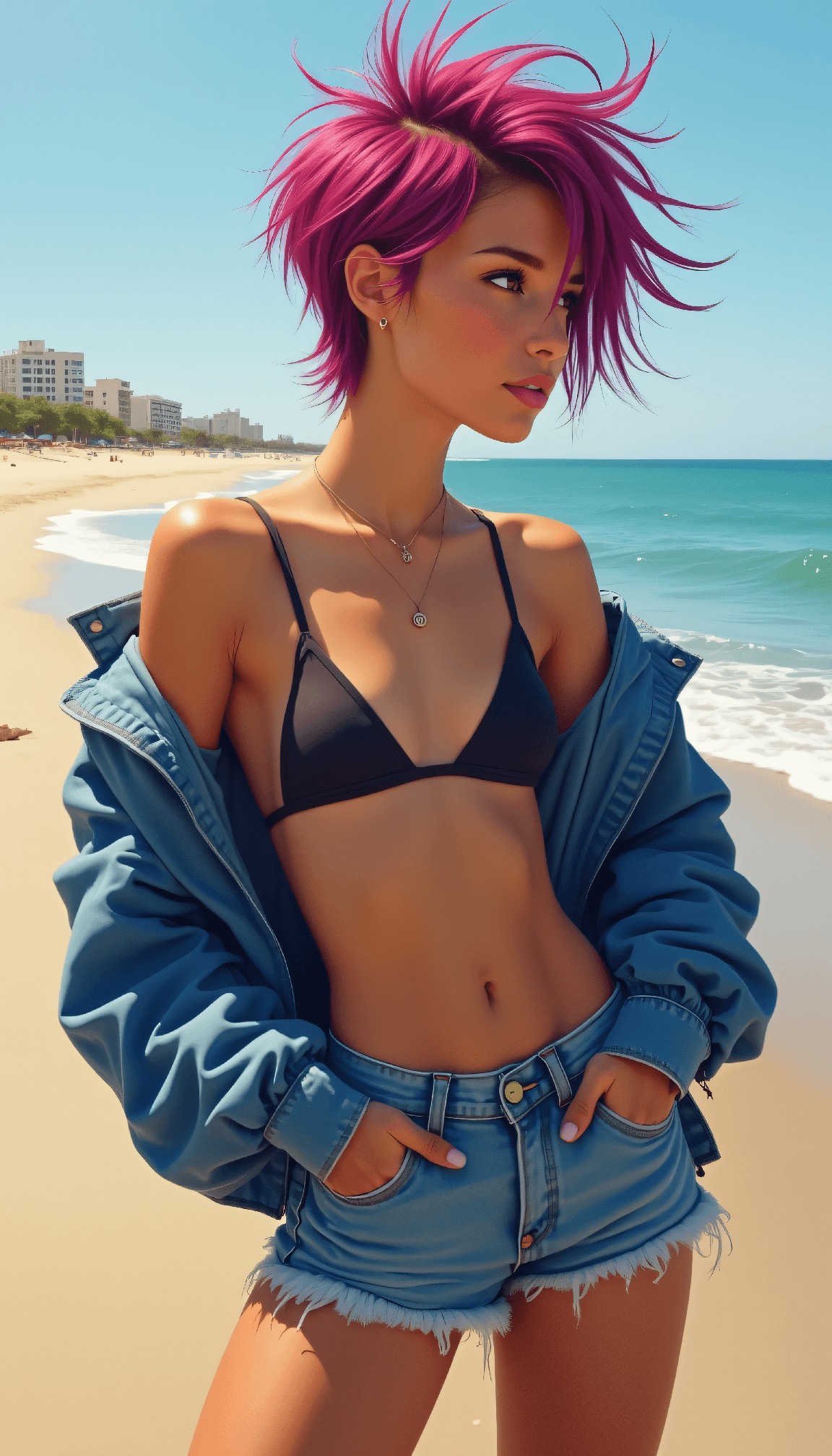 AI generated: art painting Athletic woman with short spiky magenta hair, triangle bikini top, oversized denim jack...