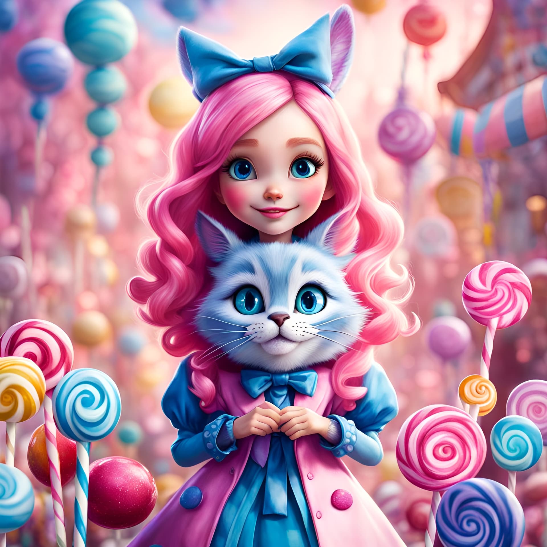 AI generated: a cute whimsical, in the style of pixar of Alice in candy land by Tim Burton anime style, shallow de...
