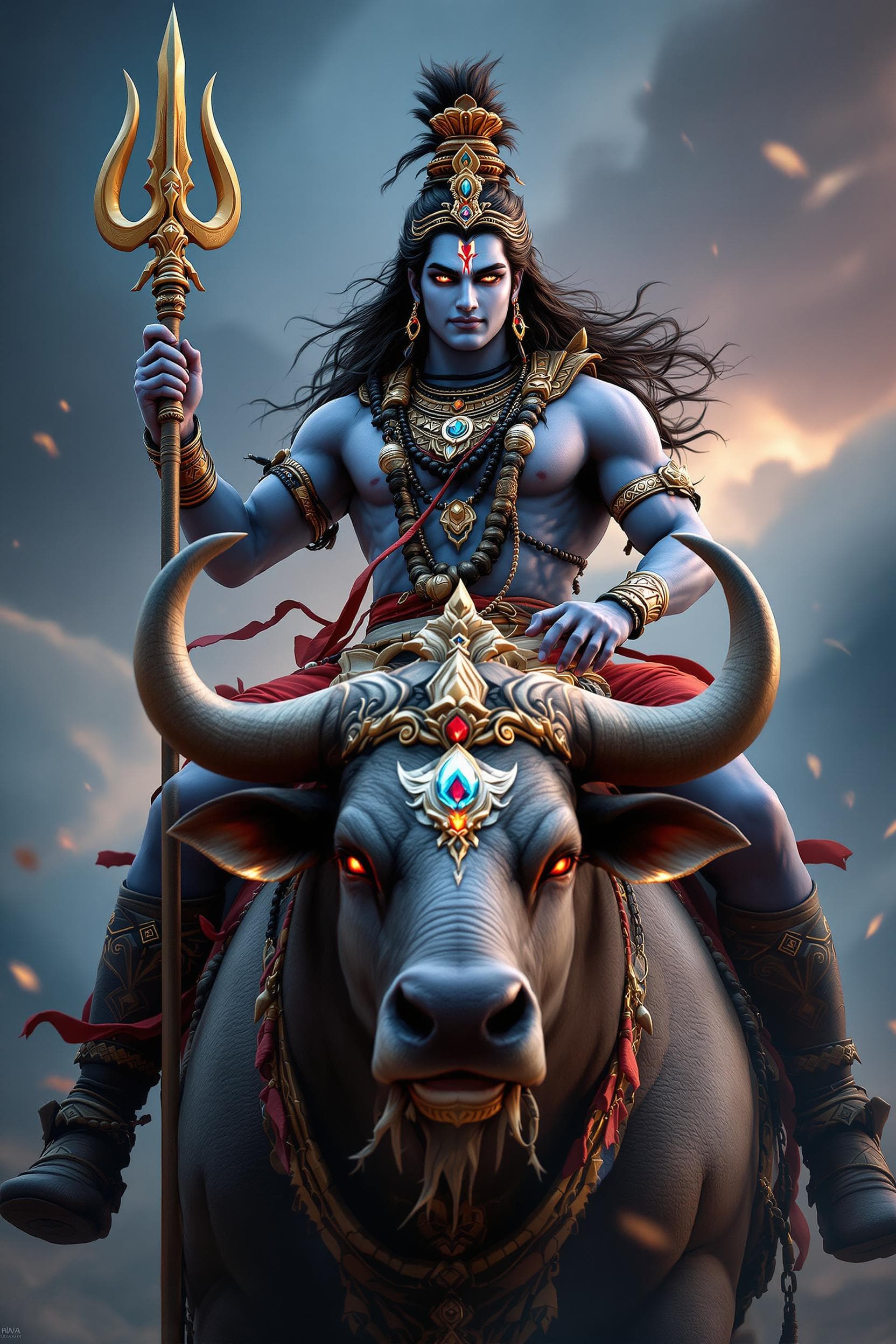 AI generated: A Full Body photo shot of a Lord Shiva warrior, riding on his majestic Nandi Bull, beautiful face, v...
