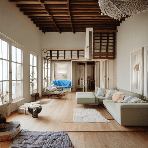 AI generated: High resolution photography interior design, dreamy sunken living room conversation pit, wooden floo...