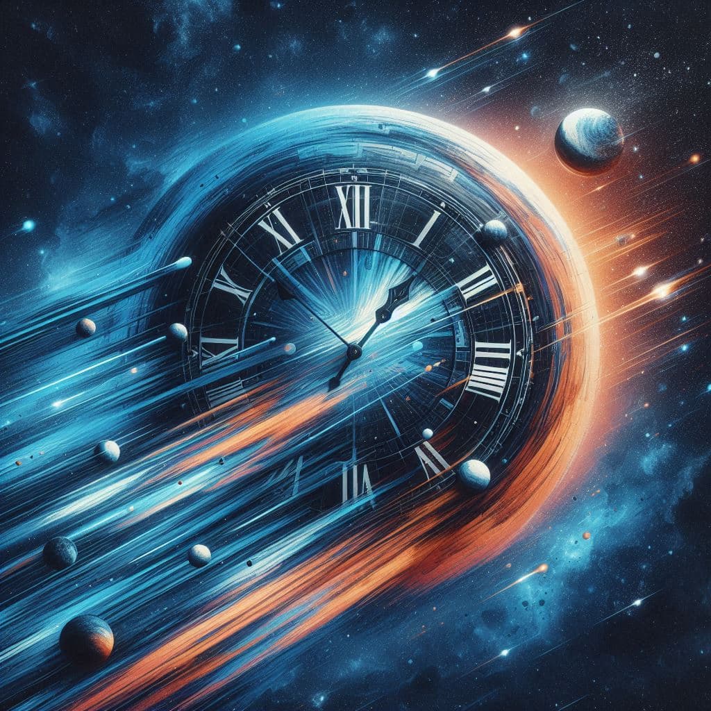 AI generated: Slowly the time passes, fast the years colors blue black orange interstellar style 
