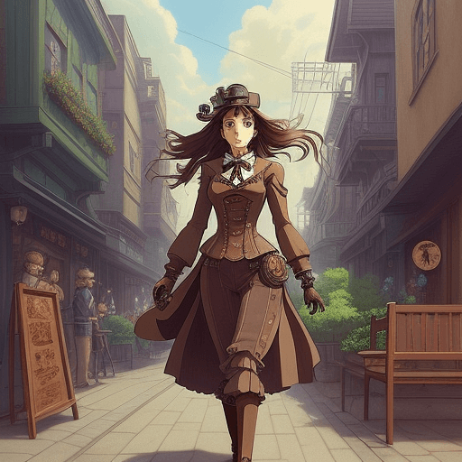 AI generated: (best-quality:0. 8), perfect anime illustration, portrait of a pretty steampunk woman walking throug...