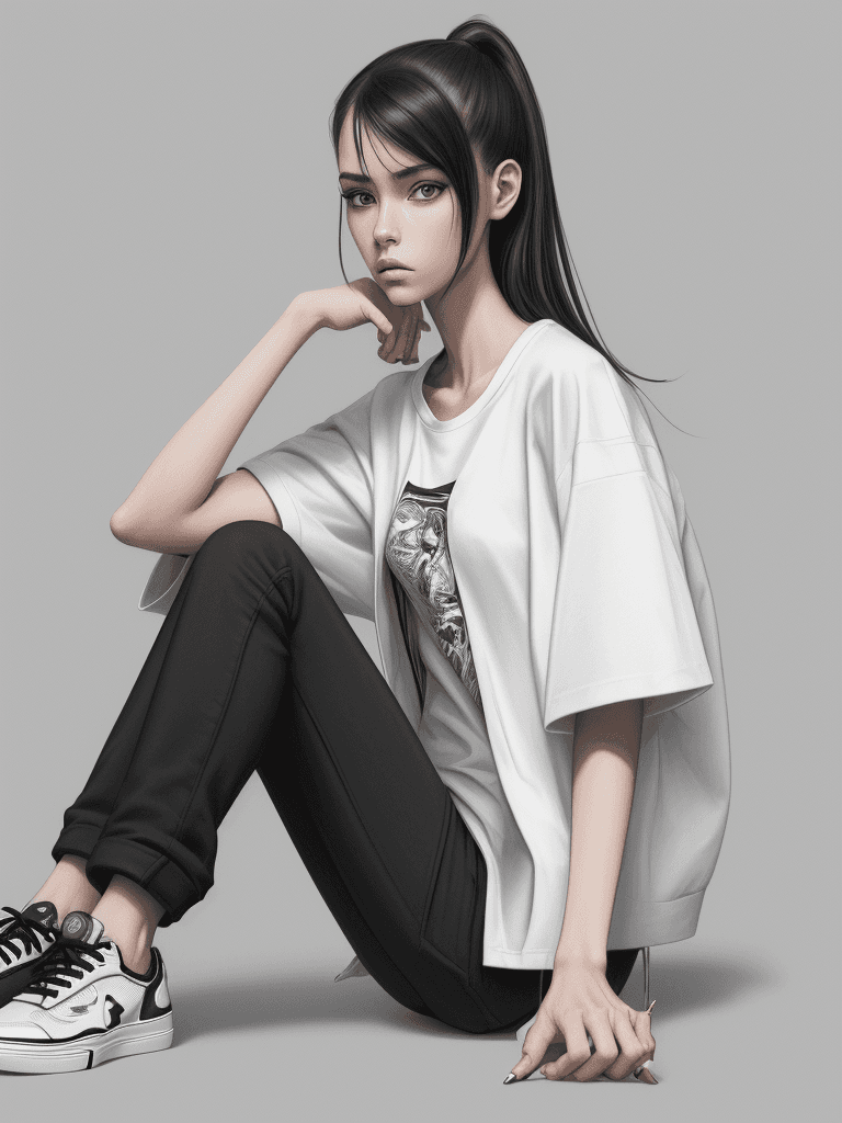 AI generated: drawing, pencil sketch, capturing a model, woman wearing jacket with white t-shirts, black pant, ska...