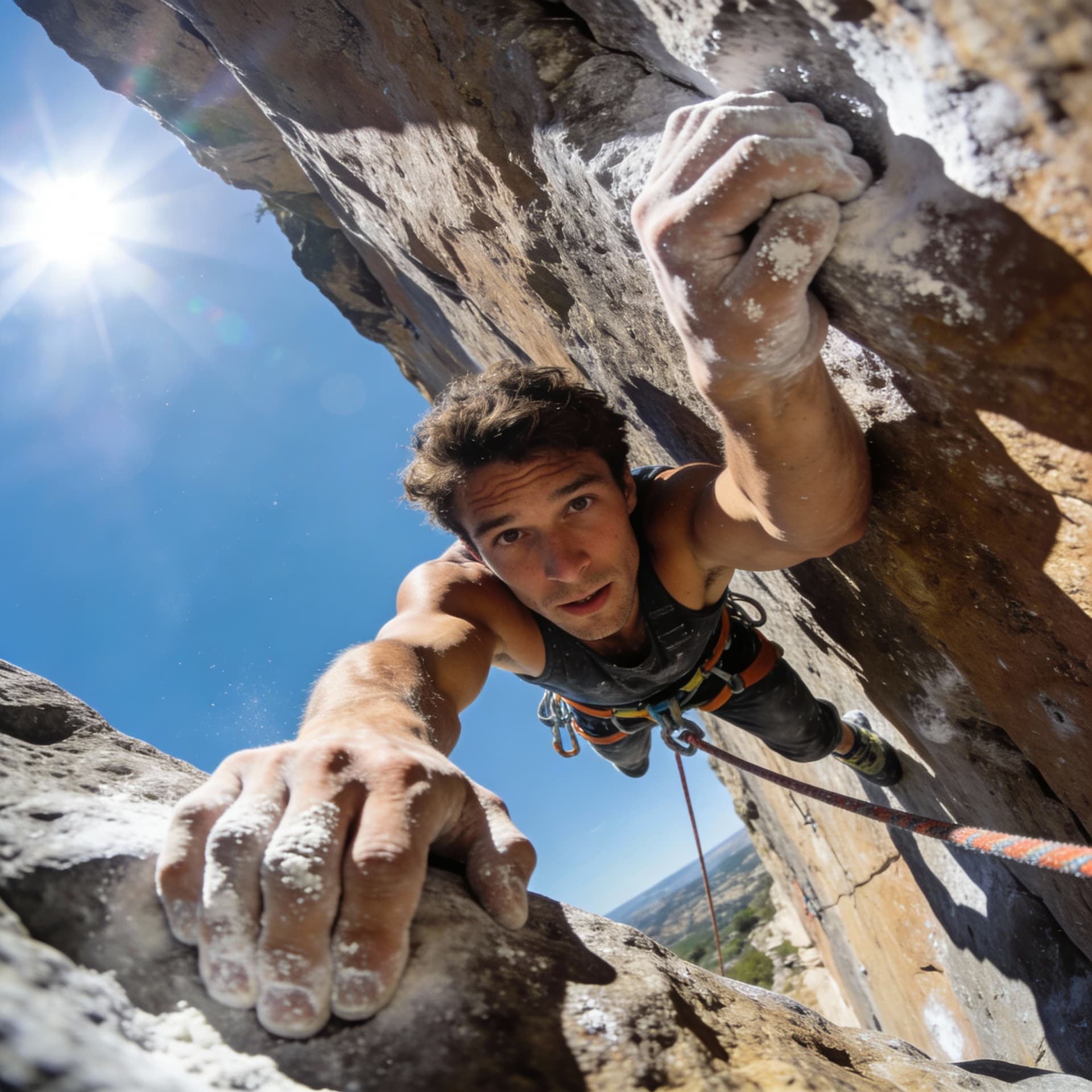 AI generated: Ultra-realistic professional photograph shot from above of a climber ascending a vertical rock wall ...