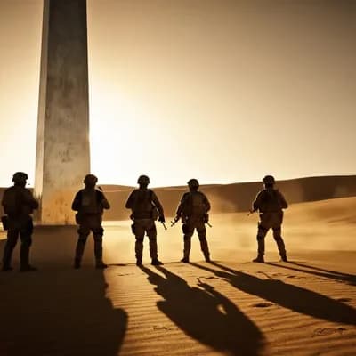 AI generated video: Ground-level view of a massive silver metallic obelisk rising from the desert sands, glowing in the ...
