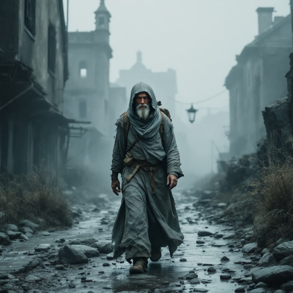 AI generated: A post-apocalyptic, cold scene in a misty, abandoned town. An older man in torn, dusty robes walks d...