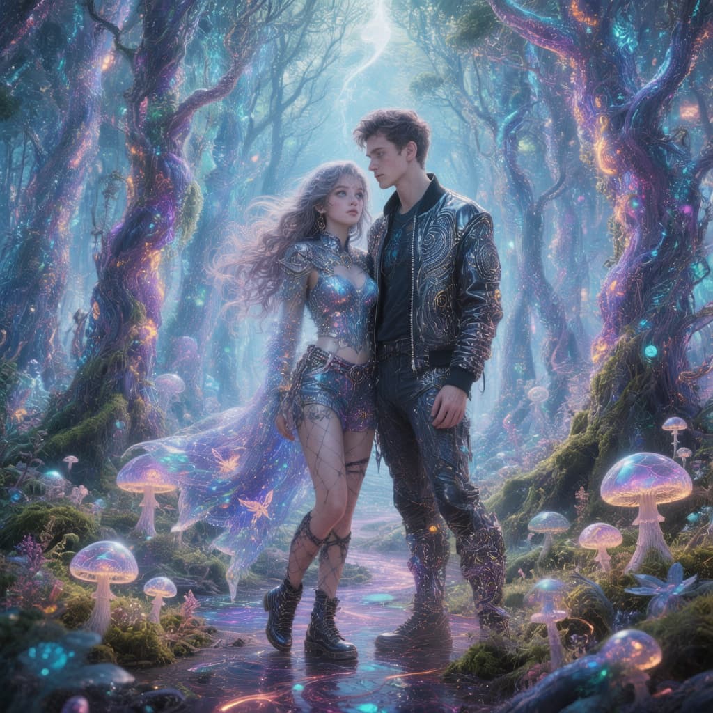 AI generated: The moebius art style unveils a mesmerizing scifi couple  in the mesmerizing beauty of the opalescen...