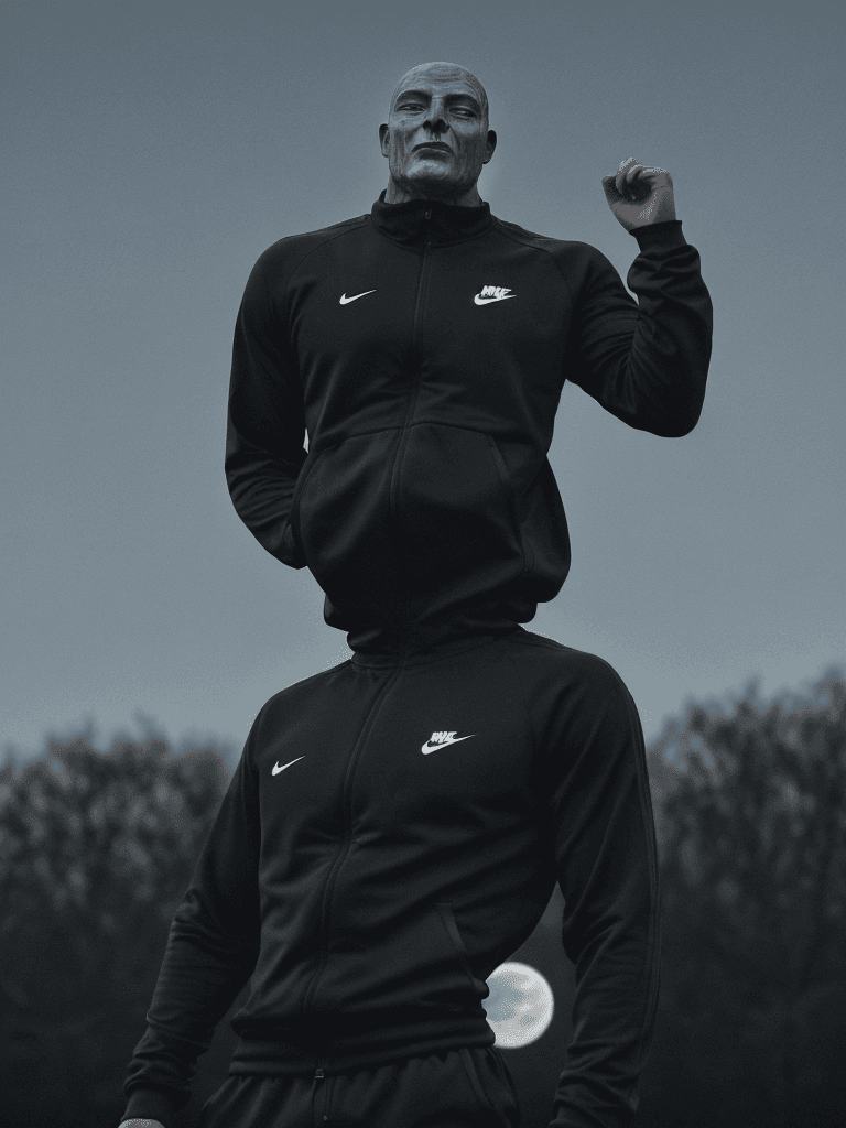 AI generated: man with 🗿head using nike tracksuit, night time, big full moon in the background, ultra realistic, ...