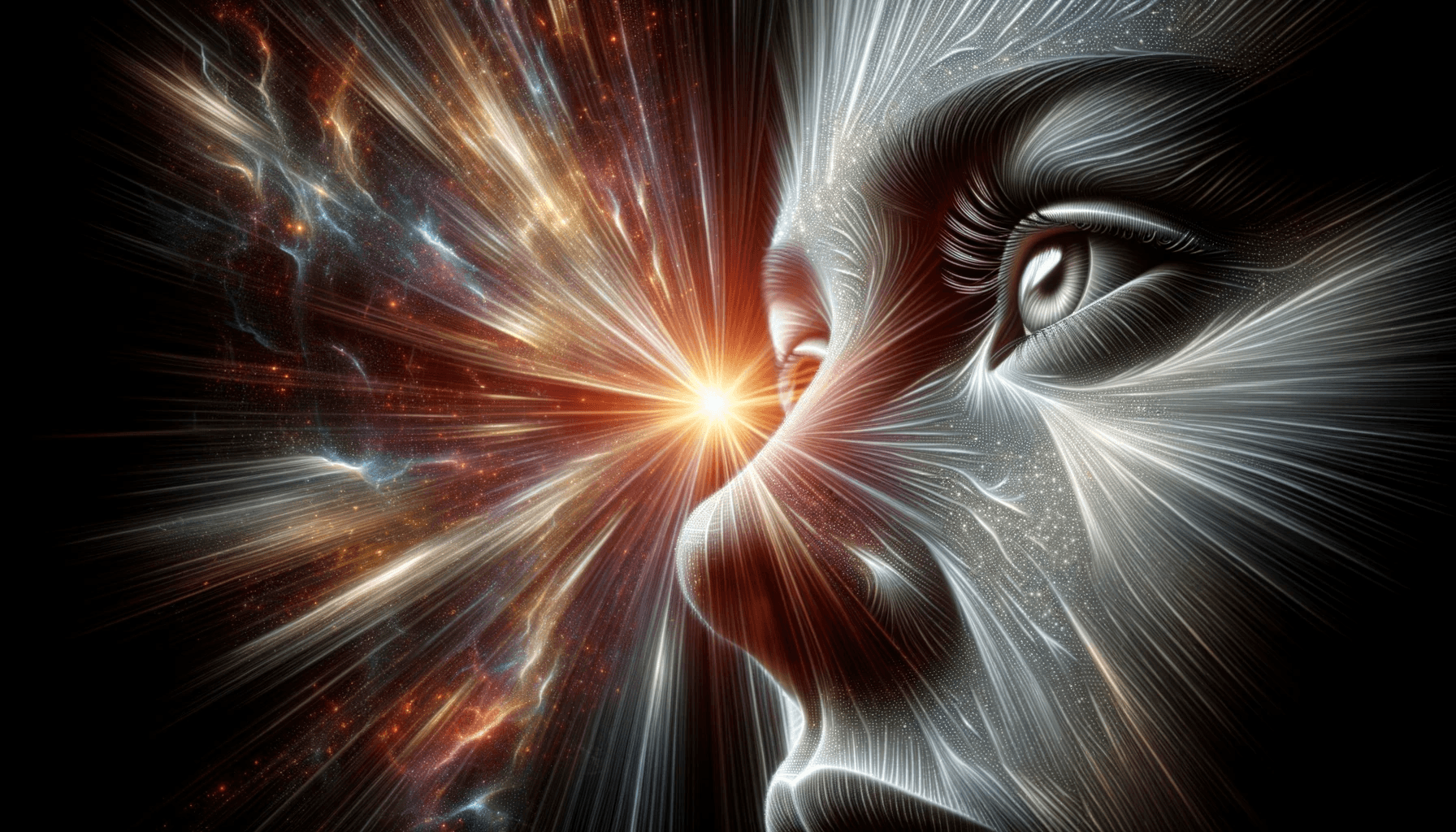 AI generated: Photo-realistic hyperbole image of a female face, capturing intense light emanating from within. Dra...