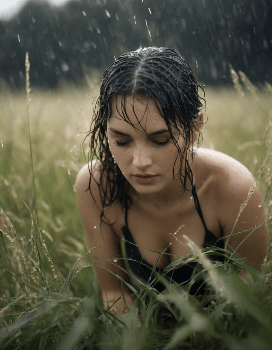 AI generated: a young woman under (rain:1. 5)  on knee in the (wet high grass:1. 5), (wet face:1. 5), rainy drops,...