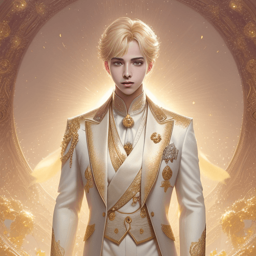 AI generated: Prince with blonde hair, standing, facing the camera, white suit, decorated with gold ornaments, int...