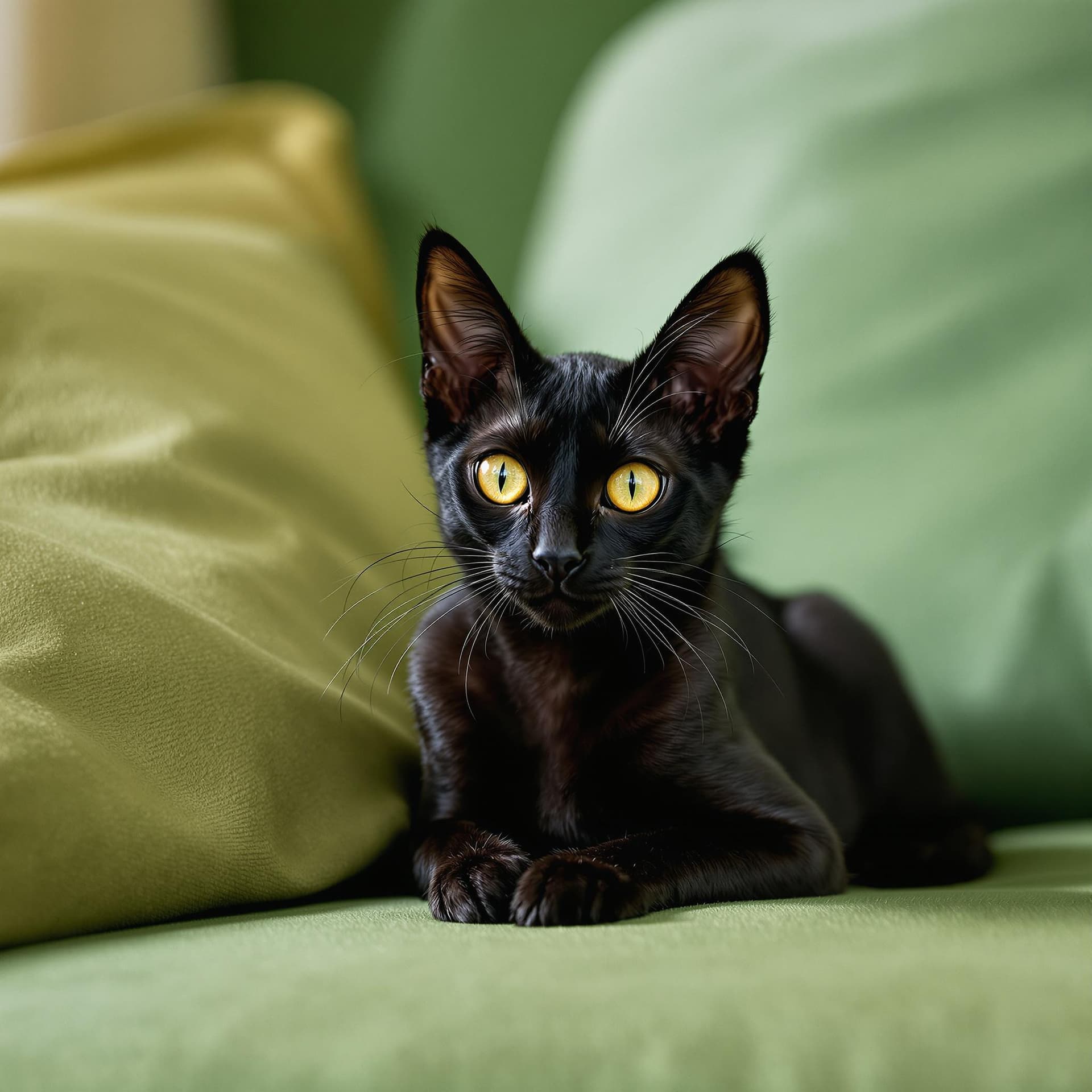 AI generated: A skinny 9 years old black cat, with stunning Yellow eyes, sitting on a green sofà lazing , looking ...