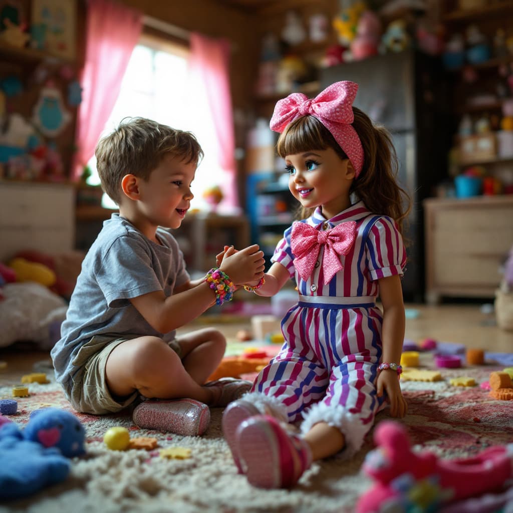 AI generated: a young boy playing with a doll that looks like a woman in a attic that transforms into a vibrant to...