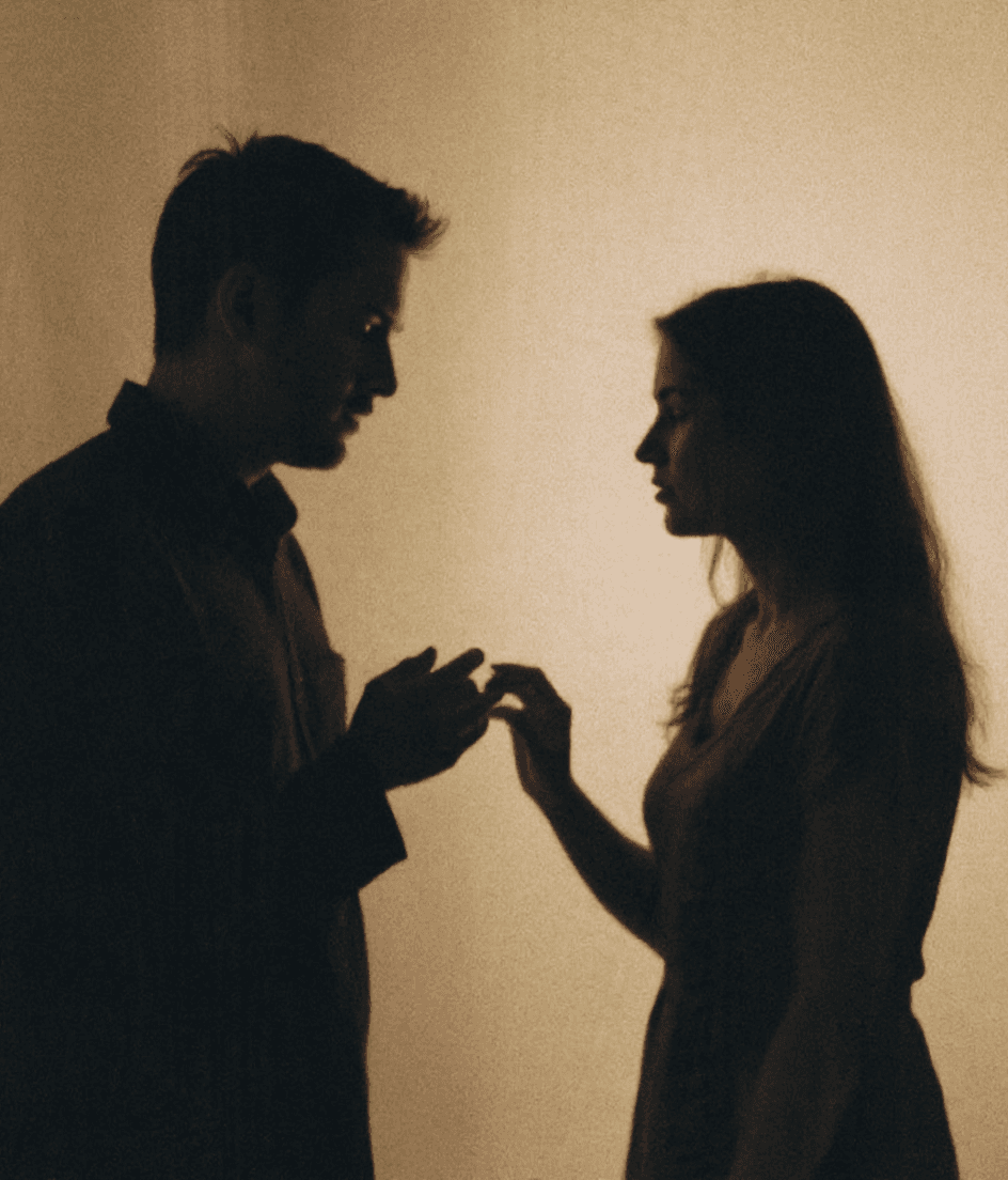 AI generated: Shadows cast on the wall, silhouettes of a man's and a woman's hand, the hands barely touching each ...