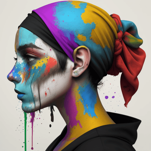 AI generated:  Profile views of four human figures with colored headscarves, faces with paint splatter textures, t...