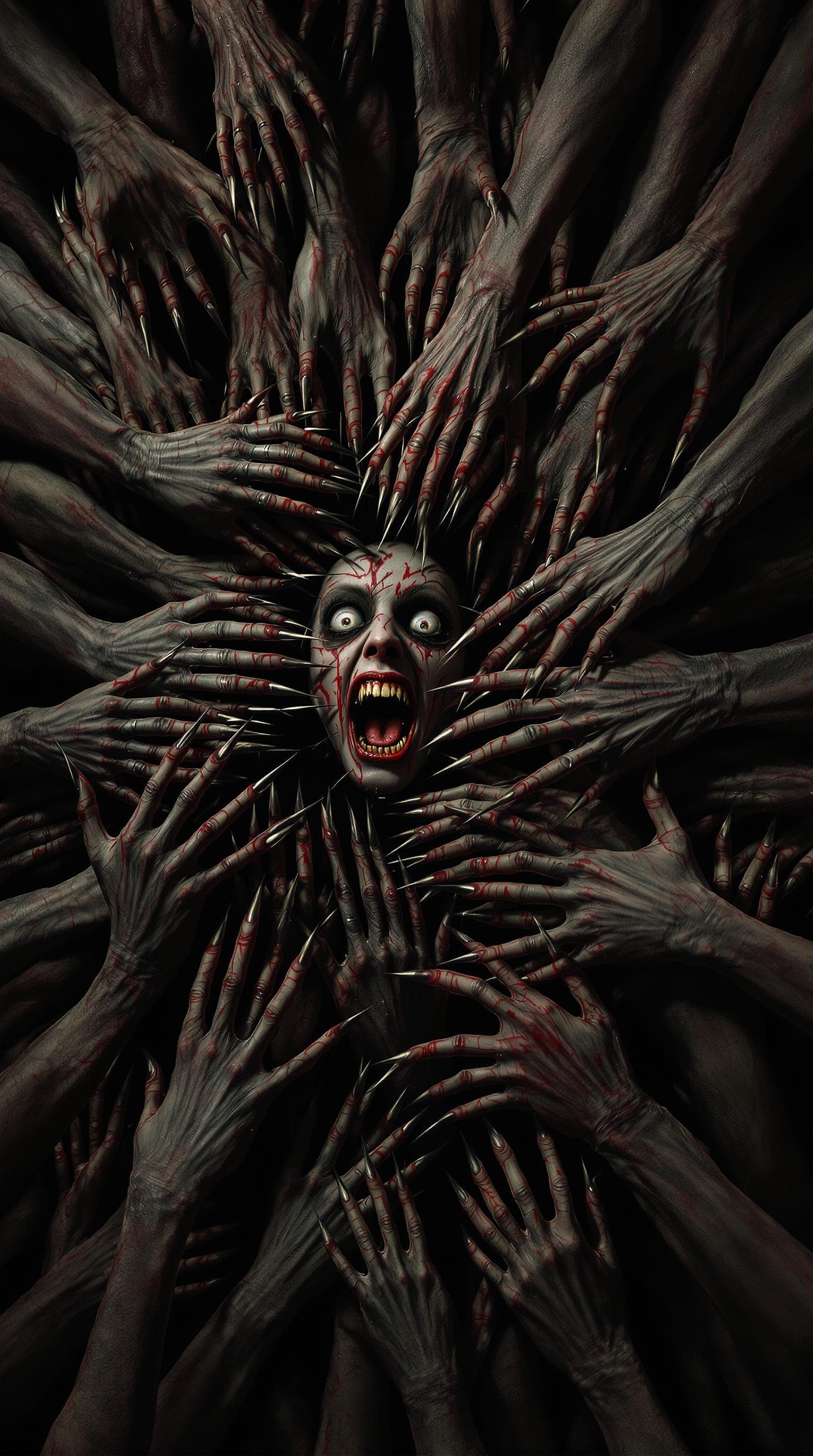 AI generated: Horror, Hyperrealistic, hellish, dystopian, nightmare, a wall full of arms and hands grabbed a perso...