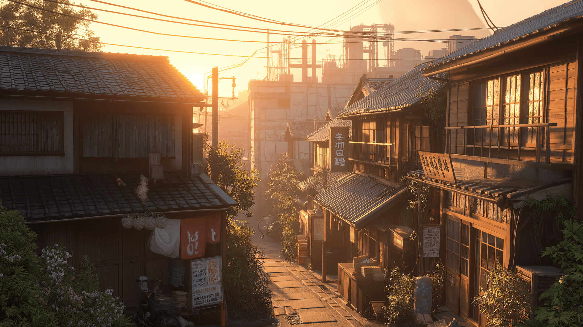 AI generated: Realistic early morning street-level view in a Japanese city center, bathed in soft, warm orange hue...