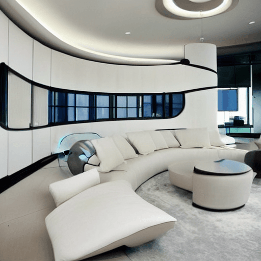 AI generated: futuristic minimalistic living room, panoramic window that wraps around one entire curved wall, invi...