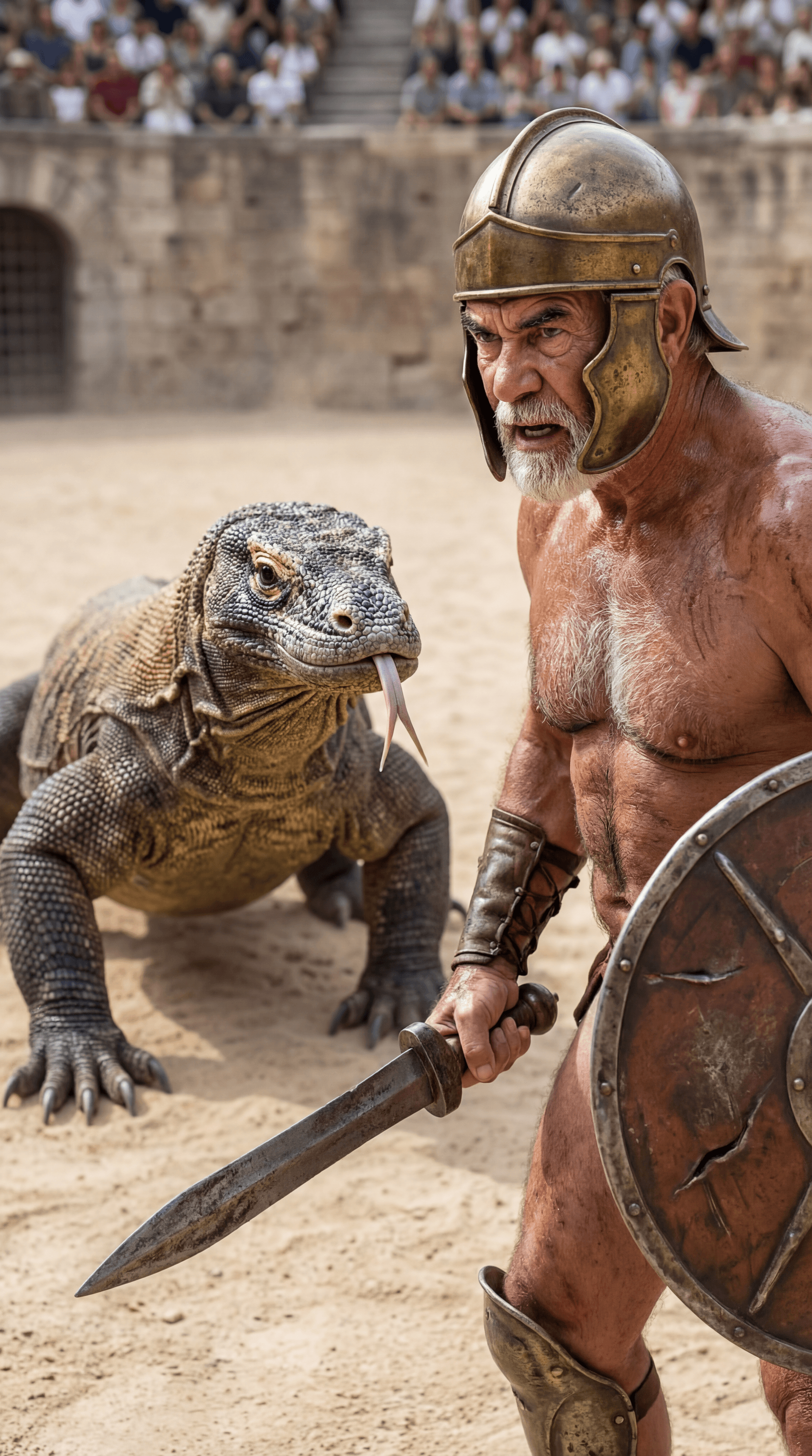 AI generated: Ultra-realistic documentary-style photography inside the Roman Colosseum.
CAMERA ANGLE: high-angle f...