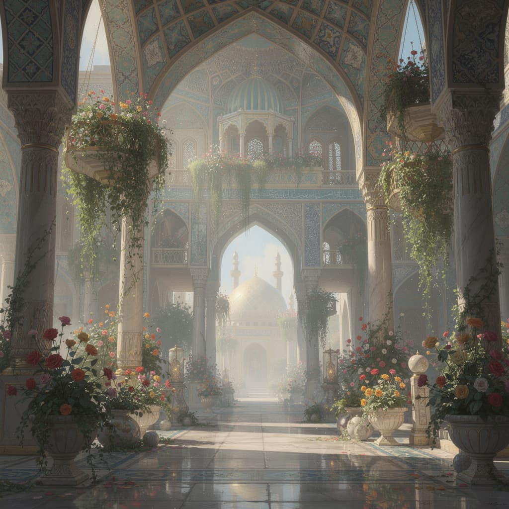 AI generated: Persian architecture, temple volume atrium light full of rose, hanging gardens, vibrant flowers, arc...