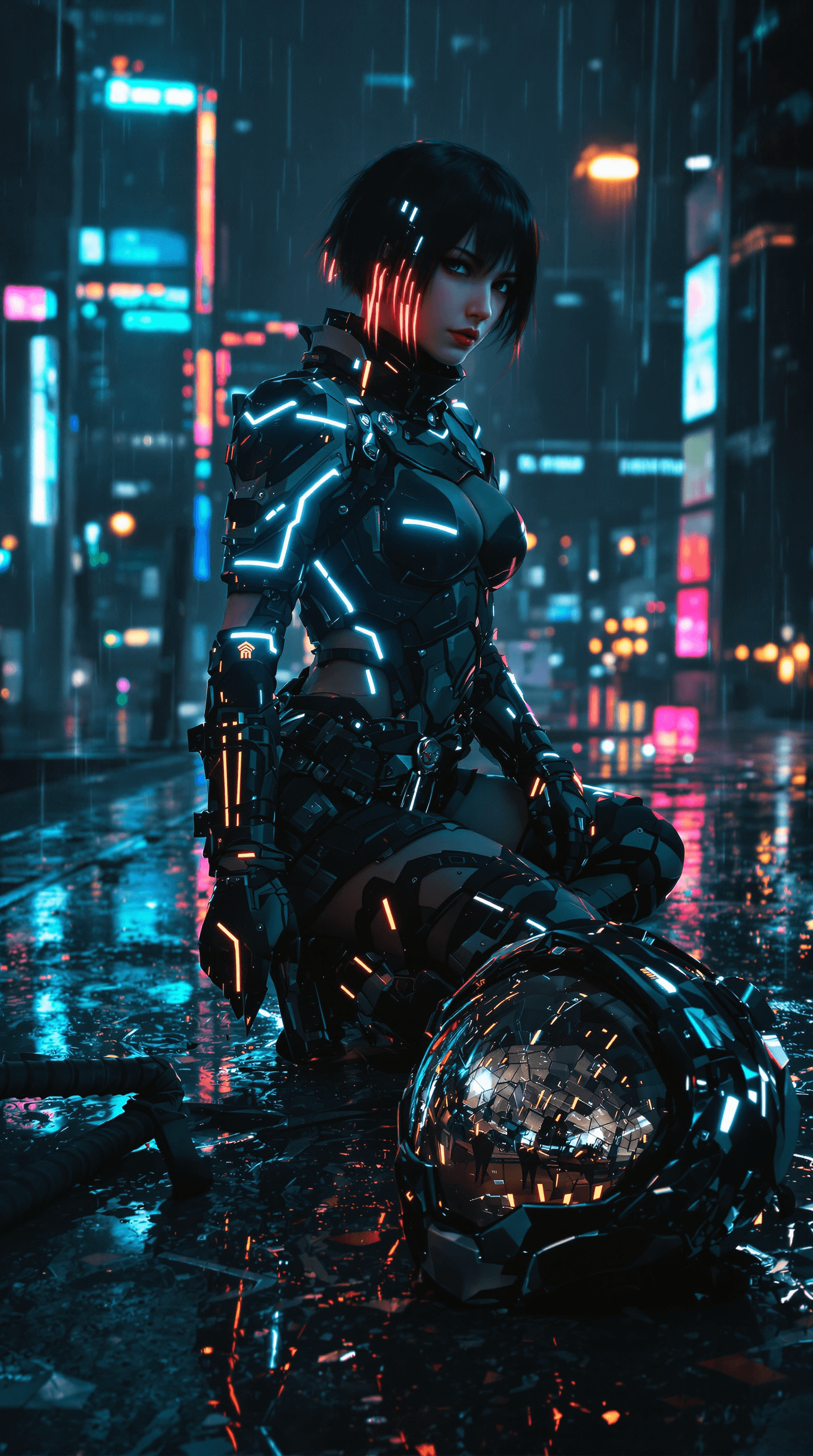 AI generated: A cyberpunk ronin, bathed in neon city lights reflected on rain-slicked rooftops, projects quiet res...