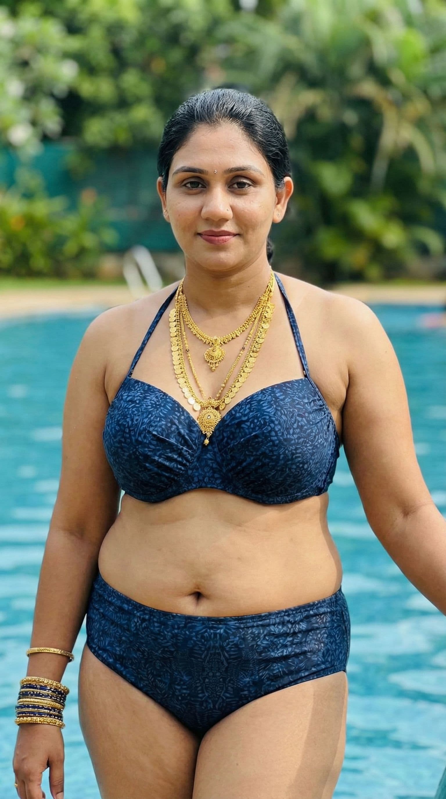 AI generated: Without face altering i want me in two piece swimsuit exposing my navel and thighs