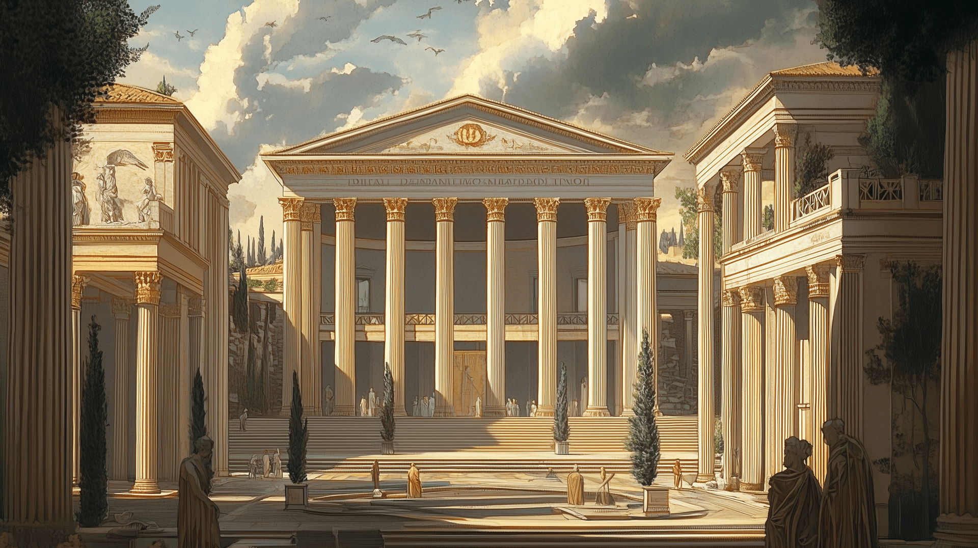 AI generated: an old illustration of a building in a courtyard, in the style of hellenistic art, monumental figure...