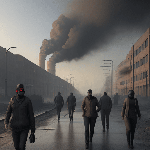 AI generated: polluted urban environment, realistic,3d, smoke coming out of industry chimneys,people with normal h...