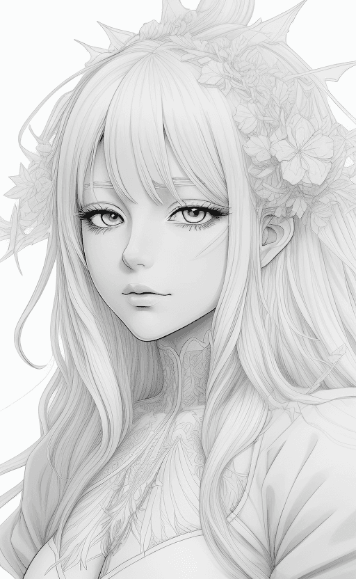 AI generated: coloring page Anime portrait clean line art, black pen line high detail,,wild dynamic white hair, wo...