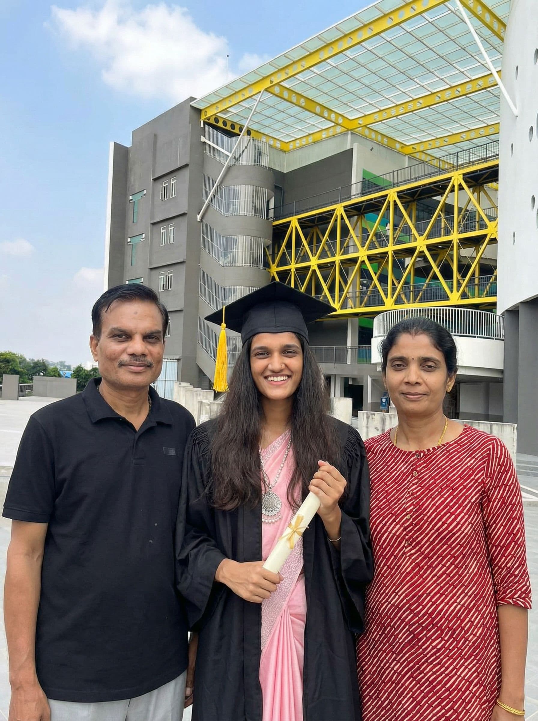 AI generated: Merge the image create a graduation pic standing infront of a building girl with her graduation  dre...