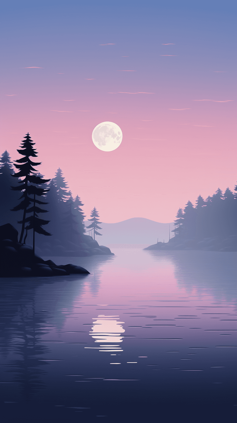 AI generated: Wallpaper, a tranquil moonrise over a serene lake, by a top animation studio, in the style of minima...