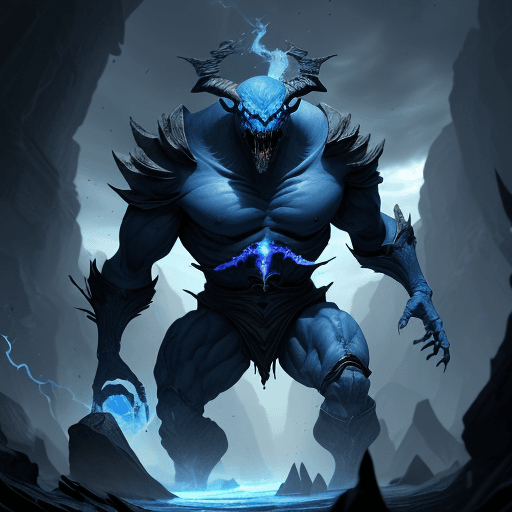 AI generated:  high quality foto of a blue dangerous enormous without eyes, long fingers and broken bones, 8k