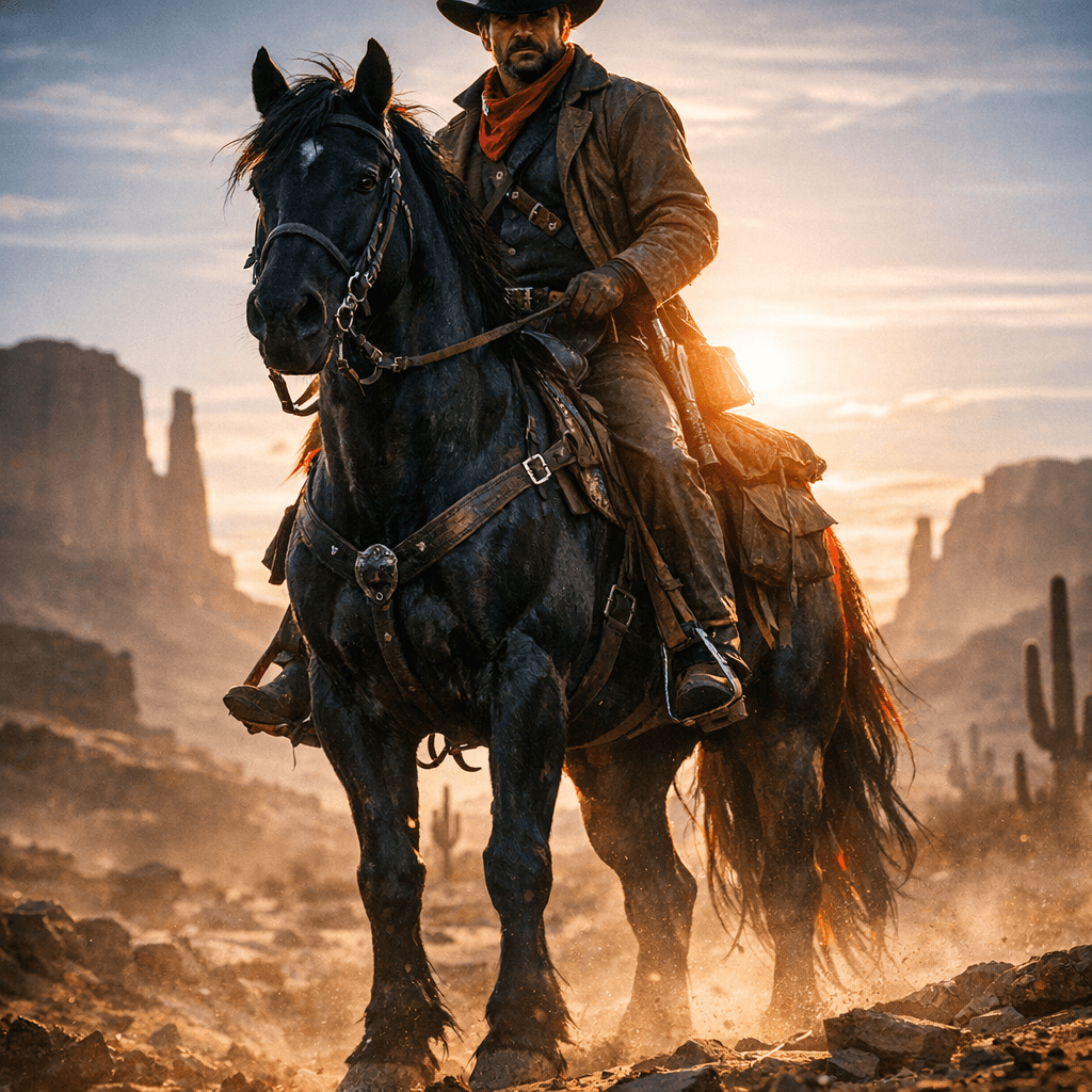 AI generated: Wild West cowboy on a big black horse.This cowboy is in a desert landscape.Cinematic lighting,Unreal...