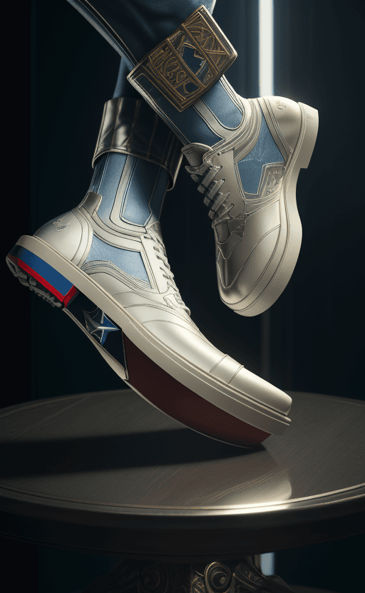 AI generated: Shoes on the table with the design and character of captain america The Shoes is gold and white dark...