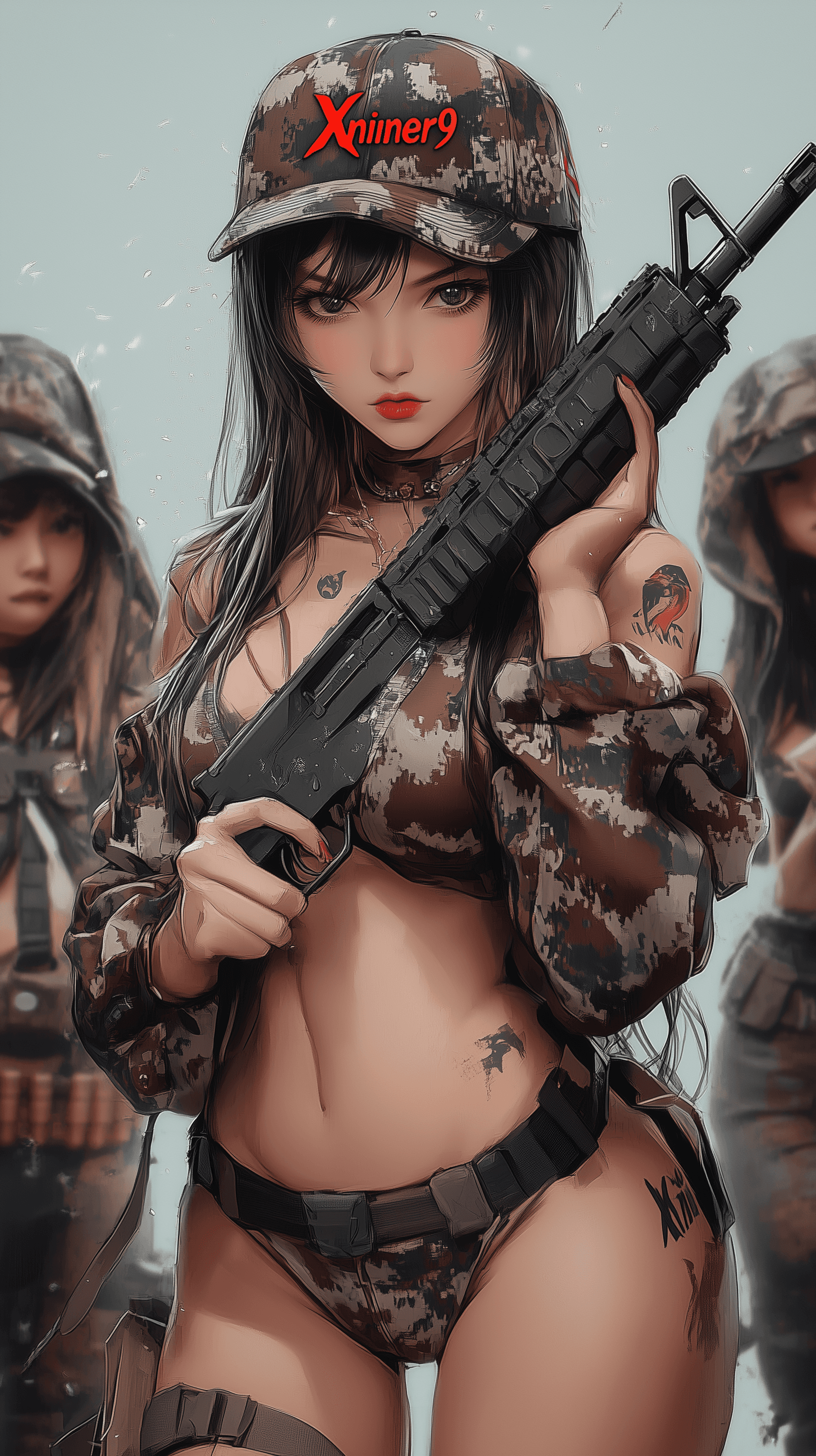 AI generated: Female Character Called Xniner9, 5D, with the logo "Xniner9" on the clothing or as a Tattoo. Western...
