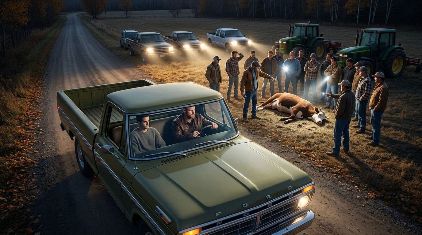 AI generated: In an Autumn night. the male muscular model is driving a vintage olive green Ford pick up truck. The...