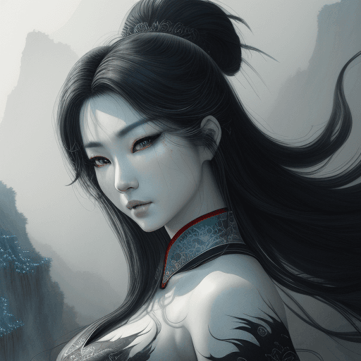 AI generated: sumi-e, traditional chinese ink art, of a beautiful korean goddess, in the style of luis royo, in th...